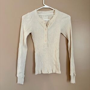 Aerie Cream Long Sleeve Ribbed Top